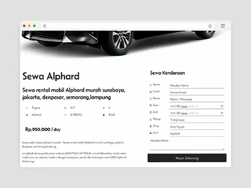 Website tema rental mobil rent car terbaik dengan booking form - built with astro js technology - website cepat dan SEO